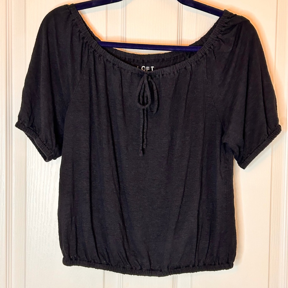 LOFT Black 100% Linen Short Sleeve Off Shoulder Peasant Top Small Tie Neck